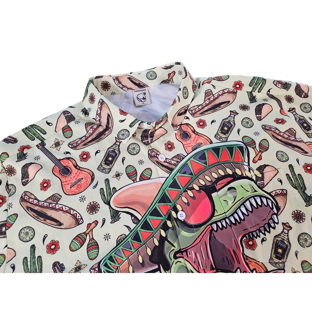 Hardaddy Button Down Shirt Mens XL Cream Excellent T-Rex Taco Cinco De Mayo